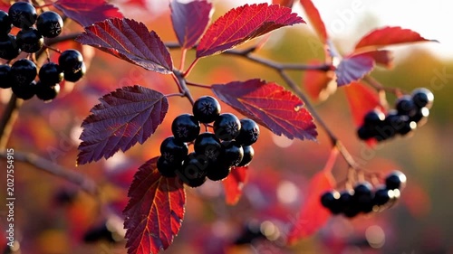 Close view of dark berries on a branch with red autumn leaves, warm backlit bokeh in the background, calm seasonal nature mood