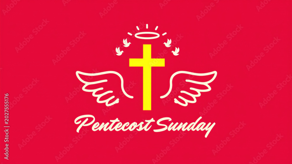 Fototapeta premium Pentecost celebration with yellow cross and wings on red background, religious symbolism in Christianity, spiritual event imagery, holy day iconography, festive faith illustration