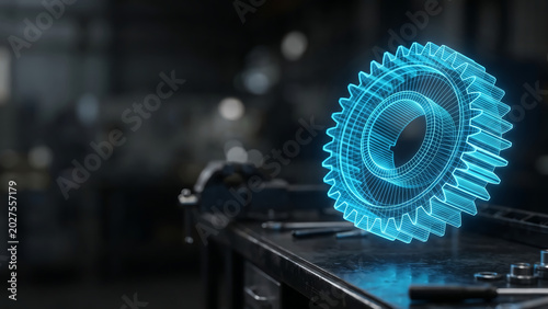 Holographic Wireframe of a Turbine Gear Representing a Digital Twin