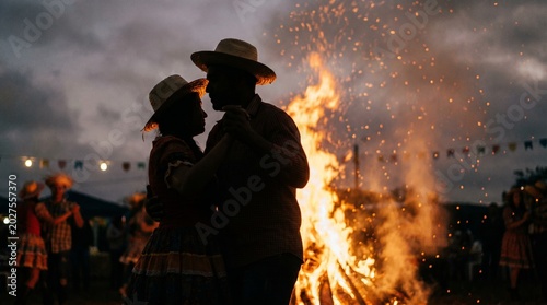 A couple dances in silhouette against a large bonfire at an outdoor festival. String lights and other revelers are visible in the background, creating a warm and festive atmosphere