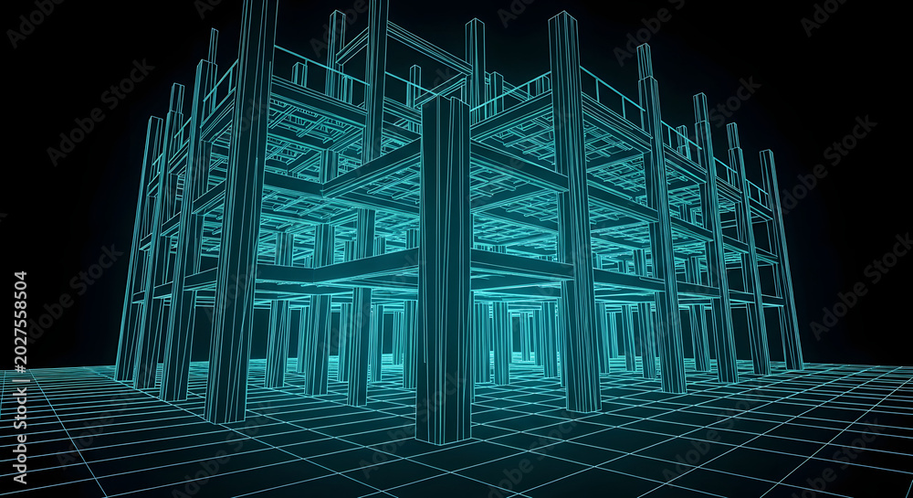 Fototapeta Wireframe digital blueprint of a modern multi-story building structure on a grid background, representing construction and architectural design