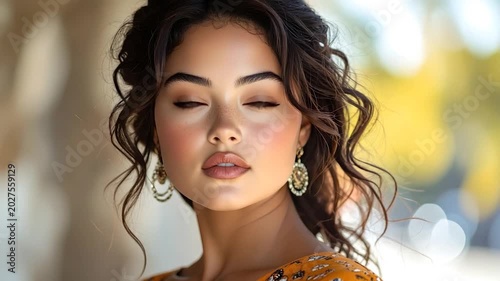 A portrait of a woman with curly brown hair, delicate features, and elegant gold earrings