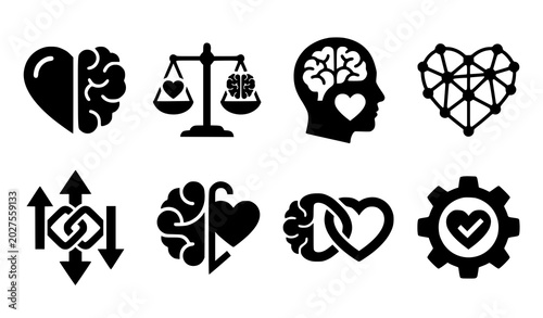 Tableau sur toile Modern emotional and logical balance silhouette icon collection with heart brain