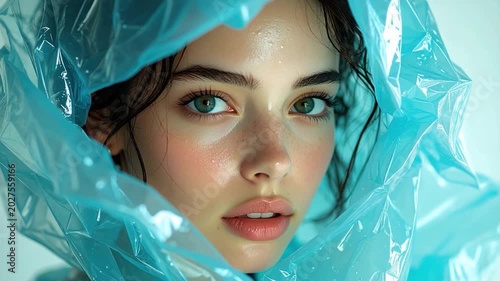 A portrait of a woman's face, framed by translucent blue plastic. Close-up, intense gaze