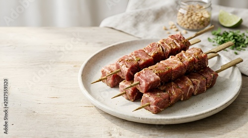 Raw marinated meat skewers on ceramic plate.