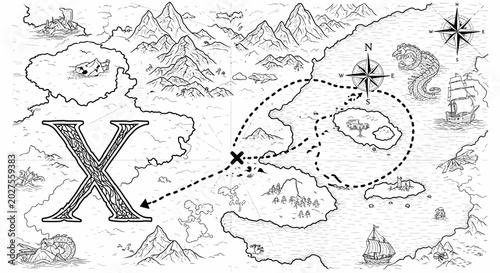 Cuadro en lienzo Treasure Map X Marks the Spot Adventure Quest Nautical Navigation