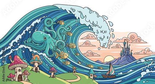 Φωτογραφία Whimsical Octopus Rides Giant Wave Towards Fairytale Castle and Mushroom Village