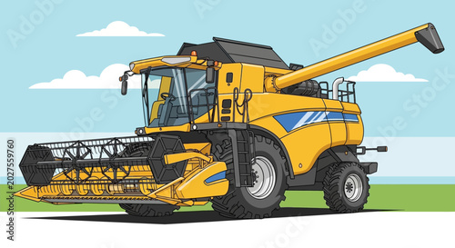 Fényképezés Yellow Combine Harvester Agricultural Machine on Field with Clouds