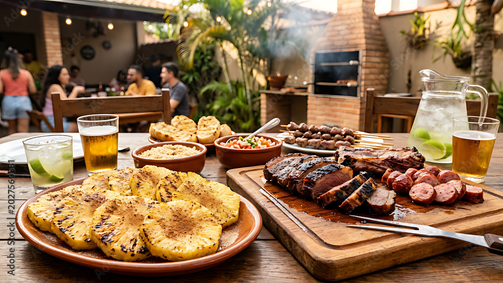 Obraz premium Brazilian-style grilled pineapple slices with cinnamon beside roasted meats on a churrasco table, warm outdoor barbecue vibe.
