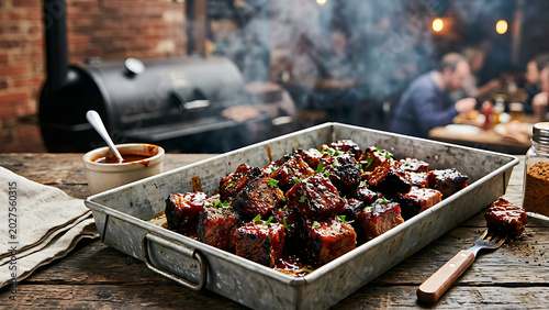 Kansas City style burnt ends glazed with barbecue sauce in a rustic metal tray with smoky background.