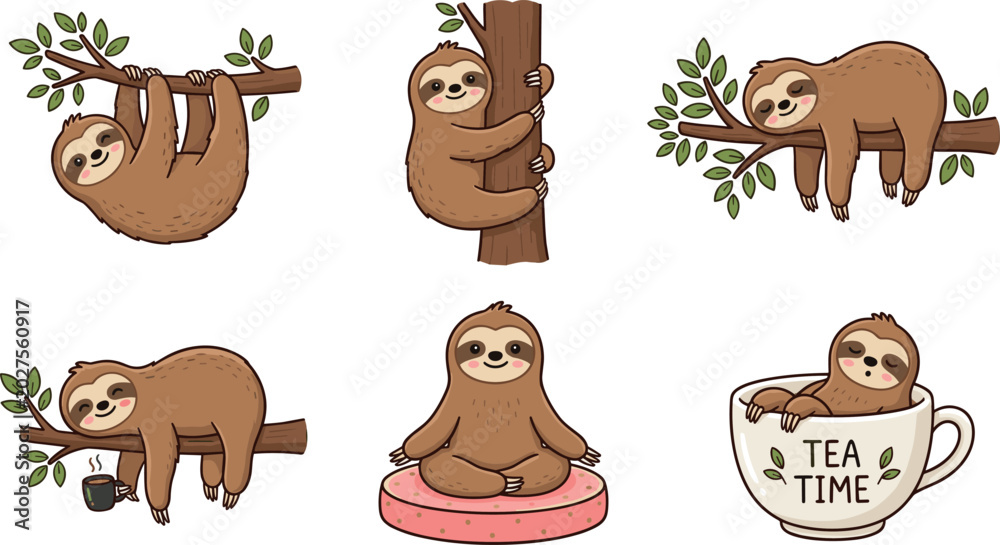 Fototapeta premium Cute Cartoon Sloth Character Vector Set Featuring Sloths Hanging, Sleeping, Meditating, and Relaxing in a Teacup for Children Greeting Card Designs