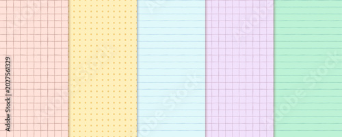 Colorful pastel notebook paper seamless vector pattern set, Organic textured lines, dot grid and squares check background for journaling, scrapbooking, back to school and education designs