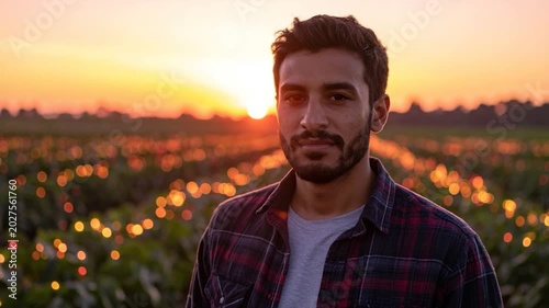 Man stands in field at sunset, wearing plaid. Focused face, soft background