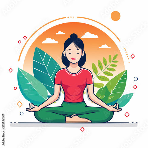 Woman Meditating in Lotus Pose with Green Leaves and Sunset Background