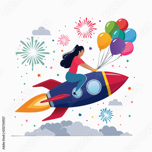 Woman riding rocket with balloons and fireworks