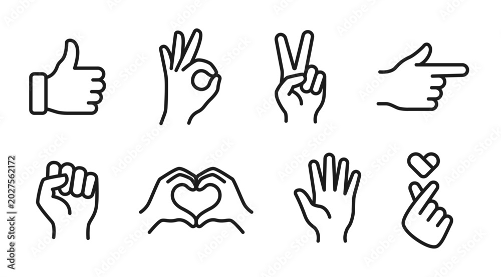 Fototapeta premium editable stroke expressive hand gesture outline icon collection featuring like peace finger heart and pointing symbols