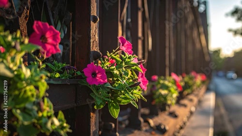Petunias bloom on rustic ironwork with sunlight