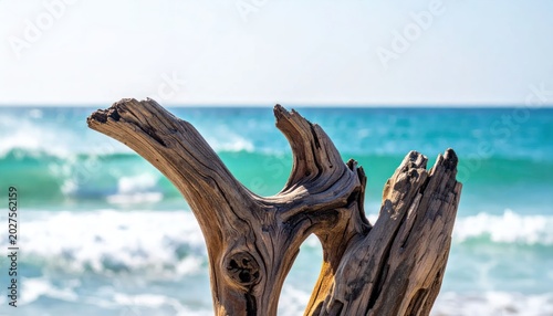 Weathered Driftwood on a Tropical Beach with Turquoise Waves.