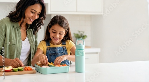 Mother and daughter preparing healthy school lunch copy space