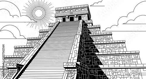 Ancient Mayan Pyramid Steps Under Sun Rays - Black and White Line Art