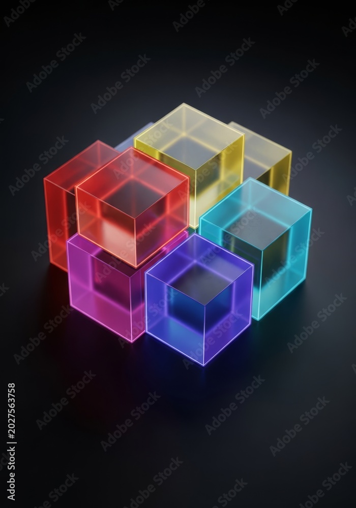 Obraz premium A modern geometric arrangement of translucent acrylic blocks features vibrant glowing rainbow contours against a sleek dark background, reflection, aesthetic, abstract