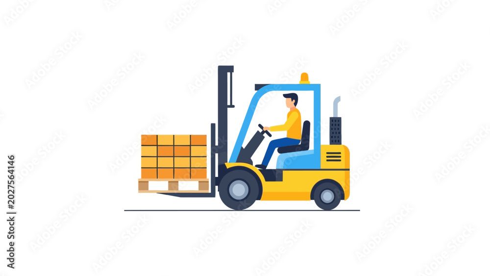 Naklejka premium Warehouse Worker Operating Forklift Truck Carrying Pallet with Cardboard Boxes, Industrial Logistics Vector Illustration Isolated on White