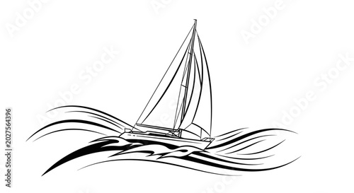Black outline sailboat sailing on stylized waves illustration