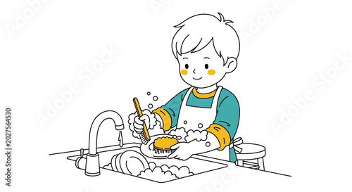 Valokuva Boy Washing Dishes in Kitchen Sink.