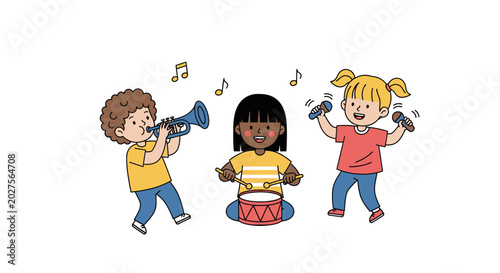 Children playing musical instruments together.
