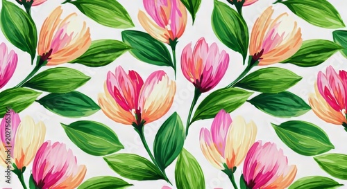 Elegant seamless textile pattern featuring stylized abstract flora with artistic brushstrokes of vibrant green leaves and soft petals, floral, organic, pattern