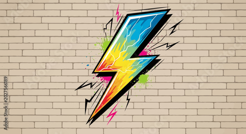 Colorful Lightning Bolt Graffiti on Brick Wall