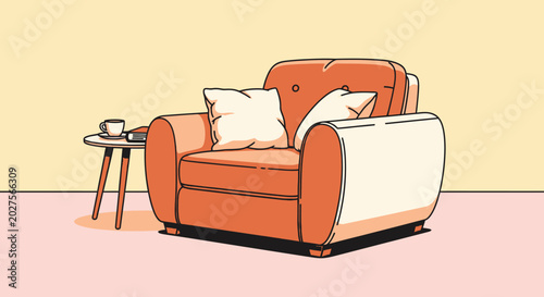 Cuadro en lienzo Cozy Orange Armchair with Side Table and Coffee Cup - Retro Interior Design