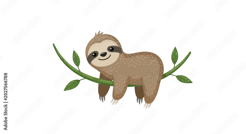 Fototapeta premium Cute Cartoon Sloth Hanging on a Branch with Green Leaves, Smiling