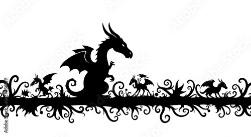 Tableau sur toile Fantasy Dragon Family Silhouette Border with Ornate Swirls