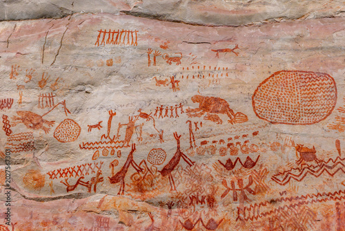 Ancient pictographs depicting wildlife and abstract figures in earthy tones.