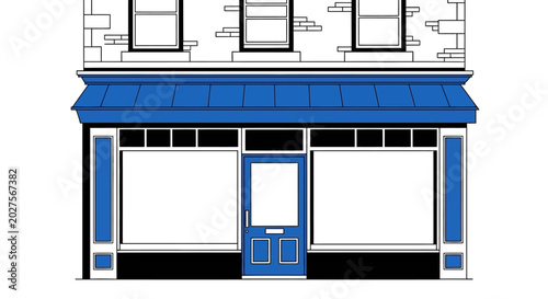 Empty Storefront with Blue Awning and Large Windows
