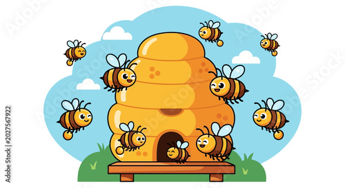 Foto Happy Bees Swarming Around Honeycomb Hive