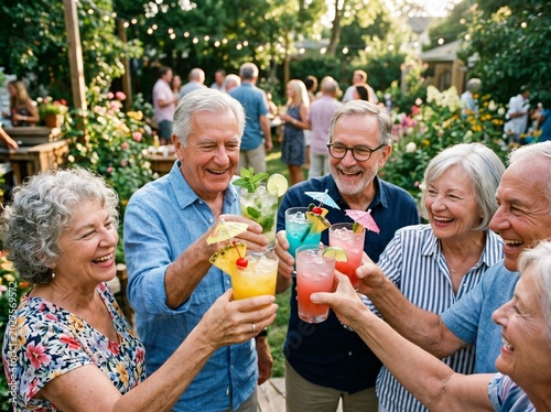Joyful Seniors Toast with Tropical Drinks at a Vibrant Summer Garden Party