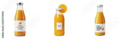 Isolated Orange Juice Bottle PNG Set Glass Bottle Mockup with Fruit Slice for Beverage Packing Fresh Drink Branding Graphic Design Project Asset
