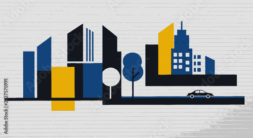 Modern Cityscape Abstract Illustration with Geometric Buildings and Car