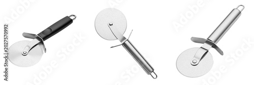 Photos Isolated Stainless Steel Pizza Cutter PNG Set Round Rotating Blade Wheel Slicer