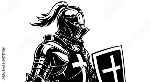 Tableau sur toile Knight in Shining Armor with Shield, Medieval Warrior Illustration