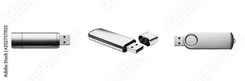 Obraz na płótnie Isolated Silver USB Flash Drive PNG Set Metal Memory Stick Thumb Drive Mockup fo