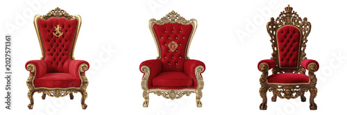 Foto Isolated Royal Red Throne PNG Set Luxury Velvet Armchair with Golden Trim for Ki