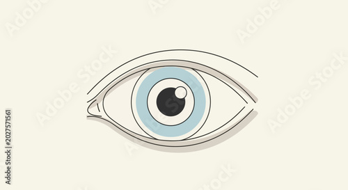 Minimalist illustration of a human eye with blue iris and black pupil on a beige background