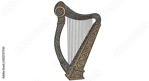 Foto Ornate Celtic Harp Illustration with Intricate Knotwork Design