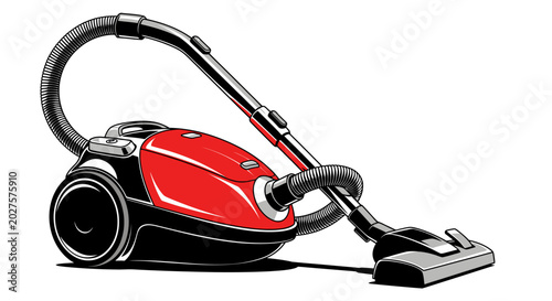 Photos Red Cylinder Vacuum Cleaner on White Background, Household Cleaning Tool