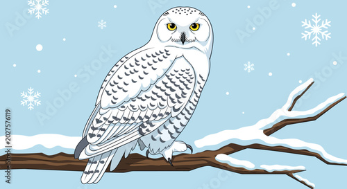 Foto Snowy Owl Perched on Branch in Winter Snowfall