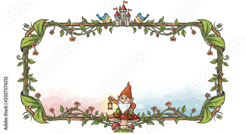 Whimsical Fairy Tale Frame with Gnome, Castle, and Birds