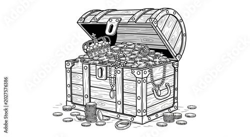 Quadro em tela Treasure Chest Full of Gold Coins and Crown, Vintage Illustration